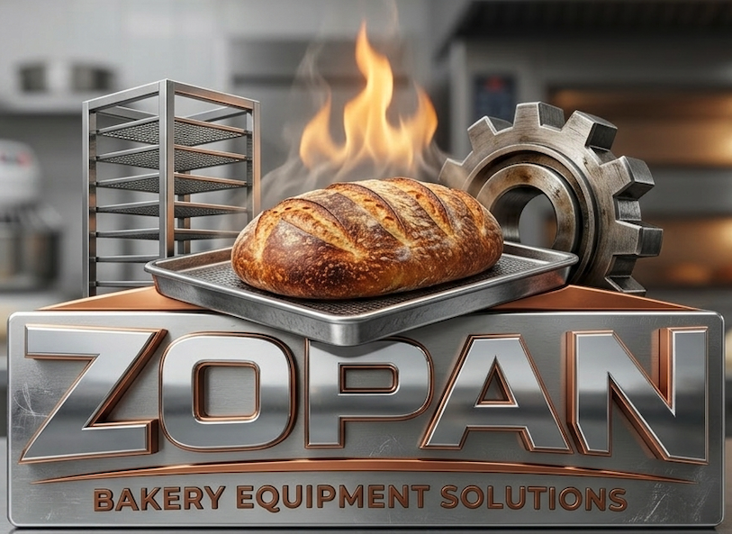Logo de Zopan avec un pain doré sur un plateau, entouré d'équipements de boulangerie.